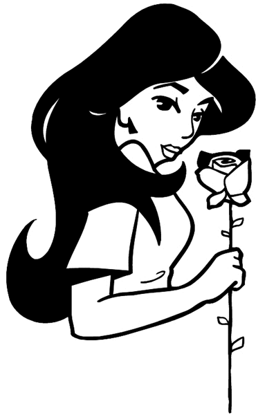 Lady holding one long stemmed rose vinyl sticker. Customize on line. Love and Weddings 058-0198